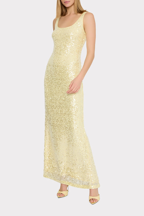 Yellow Sequin Tatum Maxi Dress - On Model Front View | MILLY