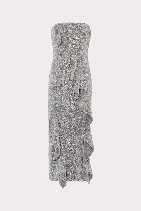 Katy Sequin Strapless Ruffle Dress Silver Image 1 of 5