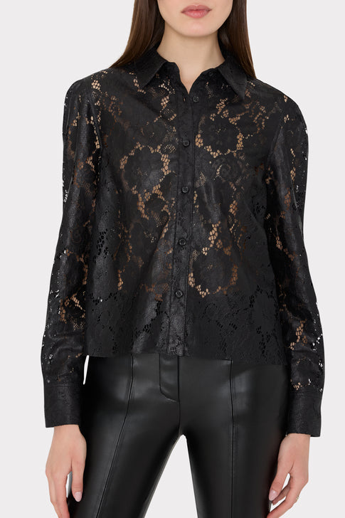 Arlo Textured Lace Button Down Black Image 3 of 4