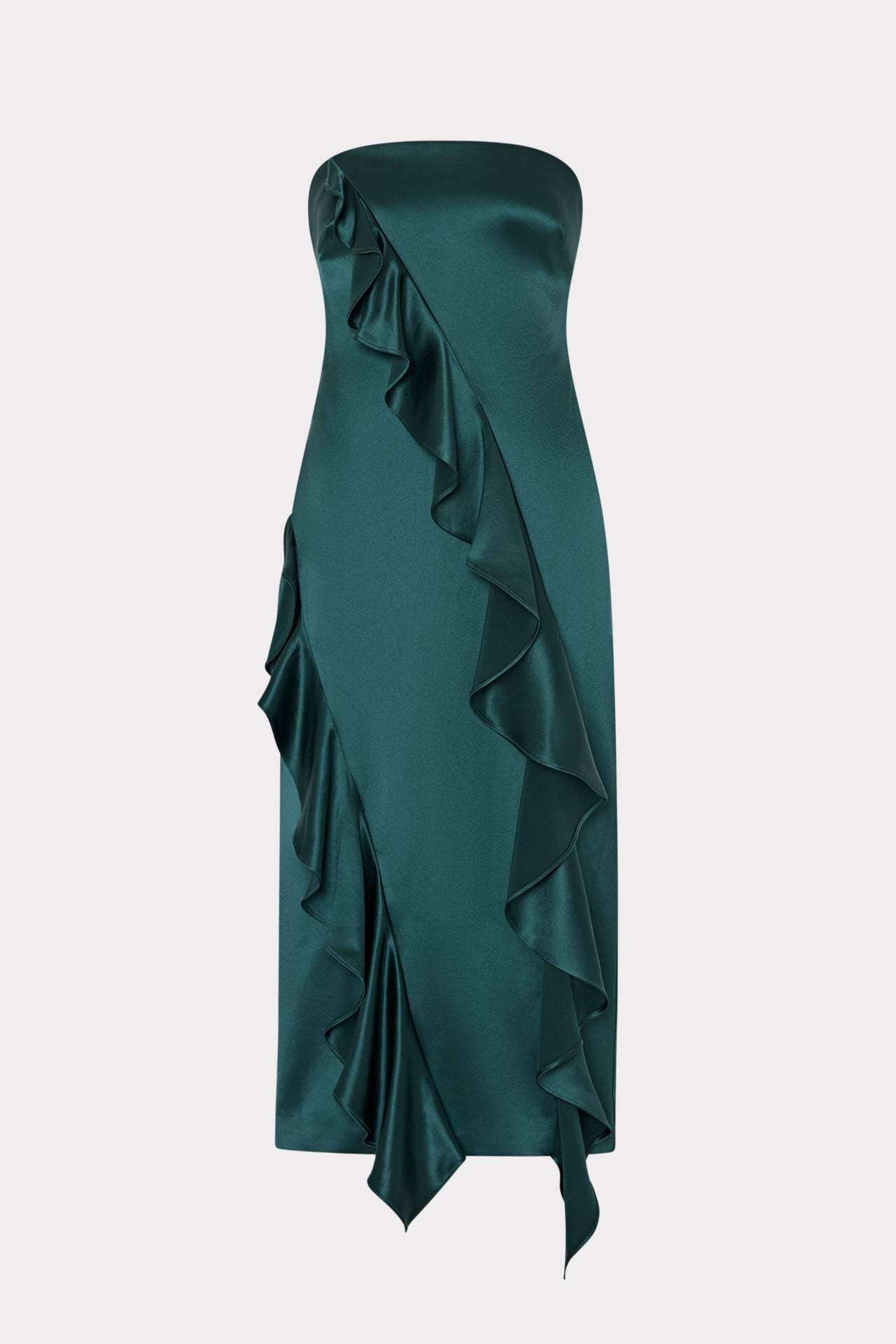 deep green satin ruffle side cami midi dress Ravi Hammered Satin Ruffle Dress in Green|MILLY