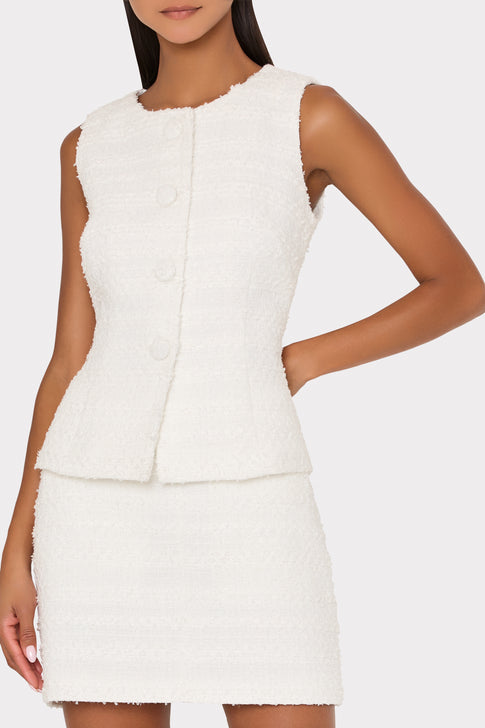 Ecru Tweed Sleeveless Top and Mini Skirt Set - Front Detail View | MILLY