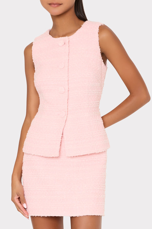 Elegant Pink Tweed Top and Mini Skirt Set - On Model Three Quarter View | MILLY