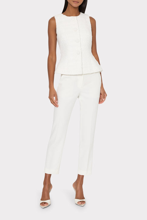 Woman wearing ecru tweed sleeveless top with white pants - Full Length | MILLY
