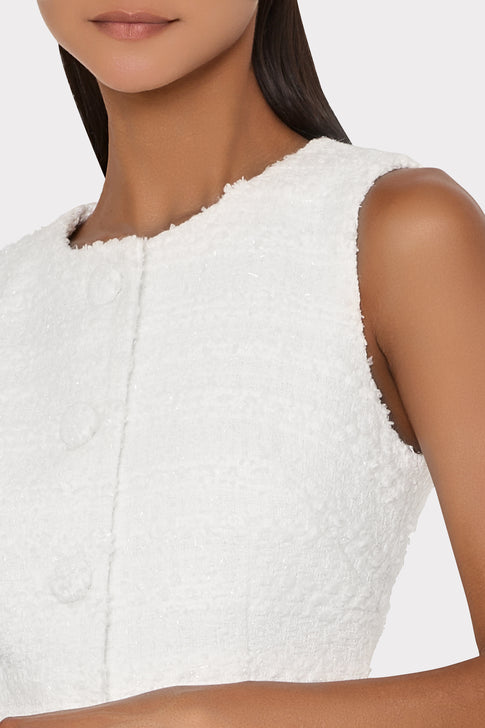 Ecru textured tweed sleeveless top - Close-up Fabric Detail | MILLY