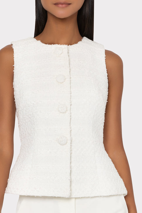 Ecru textured tweed sleeveless top - Front Detail Buttons | MILLY