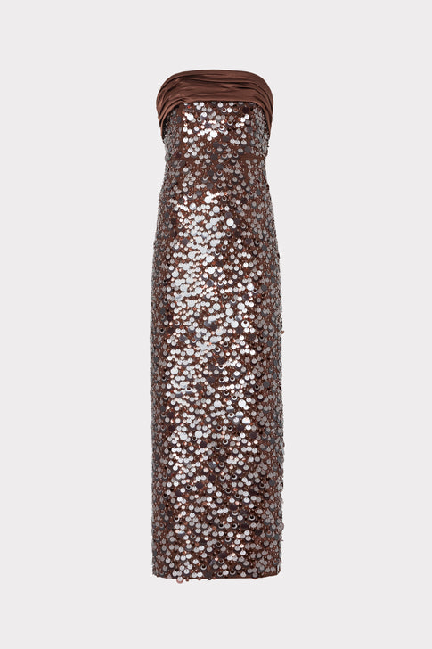 Dark Brown Paillette Strapless Hana Maxi Dress - Front Flat View | MILLY