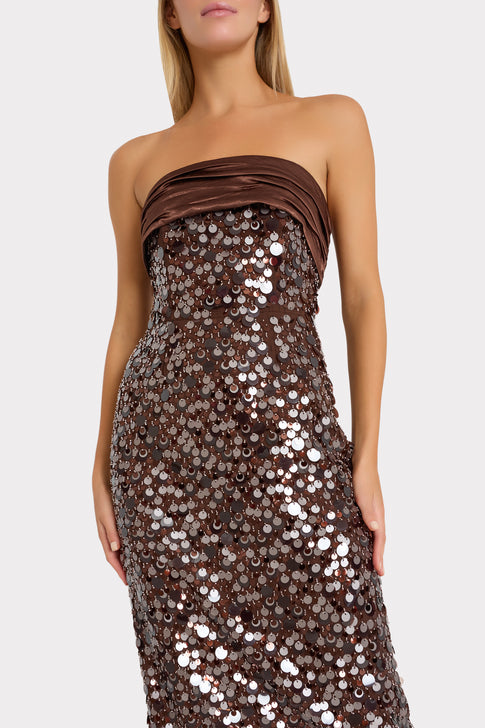 Dark Brown Luxury Hana Maxi Dress - Ruched Satin Bodice & Paillette Detail Close-Up | MILLY