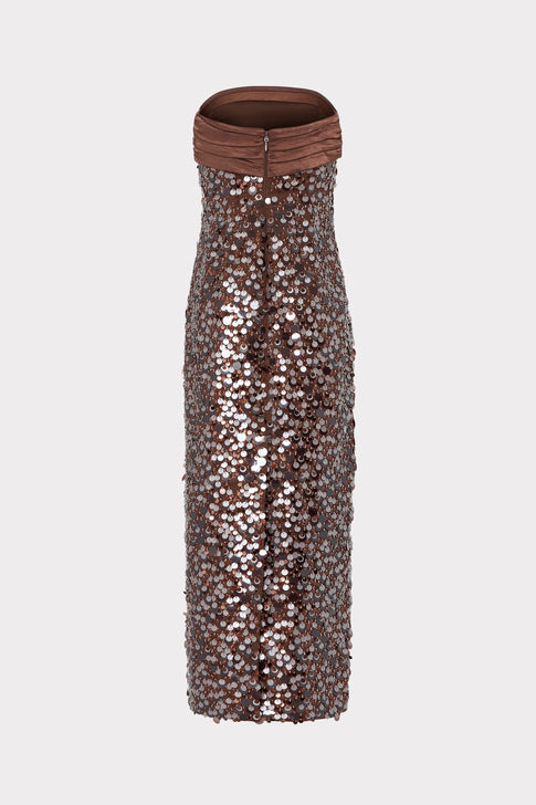Dark Brown Designer Paillette Strapless Hana Maxi Dress - Back View with Zip | MILLY