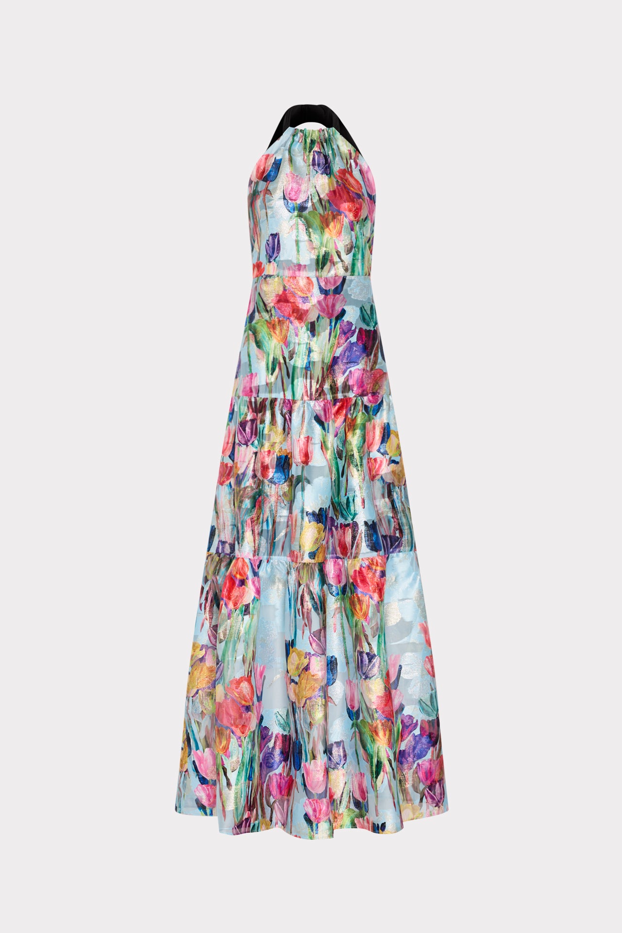 open lace back dress Gizelle Metallic Tulip Halter Maxi Dress in Pastel Blue Multi