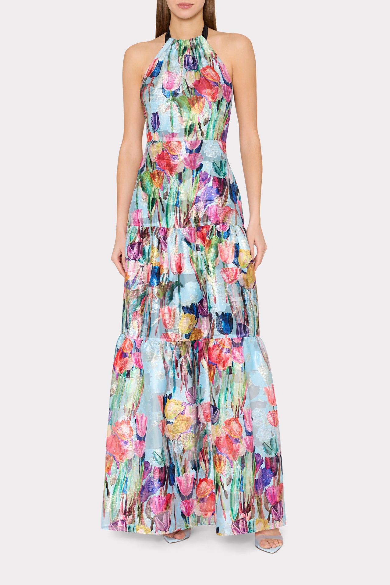 slim fit dress slacks Gizelle Metallic Tulip Halter Maxi Dress in Pastel Blue Multi