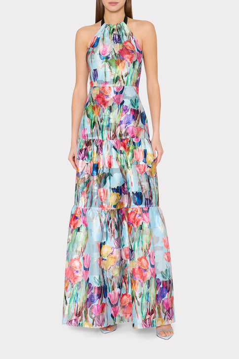 Model Wearing Elegant Floral Halter Dress with Tiered Skirt - Full Length | MILLY