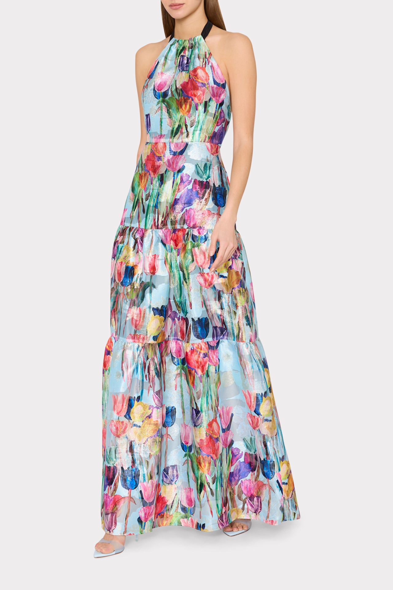 Gizelle Metallic Tulip Halter Maxi Dress in Pastel Blue Multi