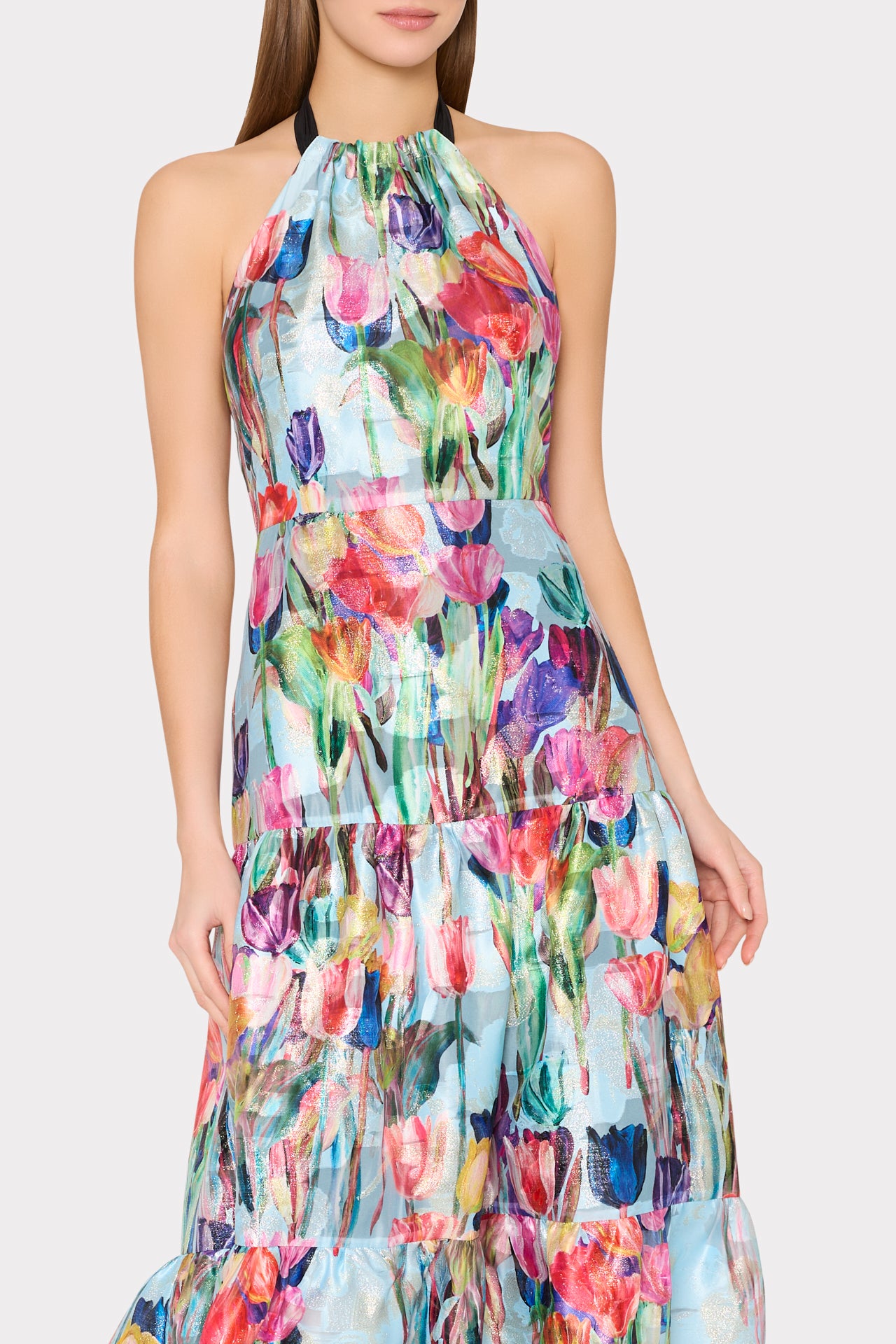 Gizelle Metallic Tulip Halter Maxi Dress Pastel Blue Multi / 10