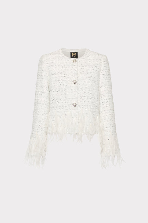 White Metallic Tweed Jacket with Feather Cuffs - Front View | MILLY