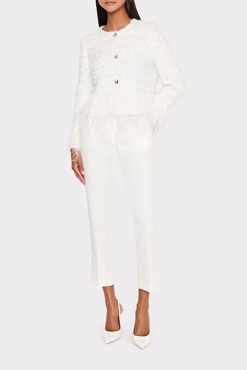 Model wearing white metallic tweed designer jacket with elegant pants - Full Look | MILLY