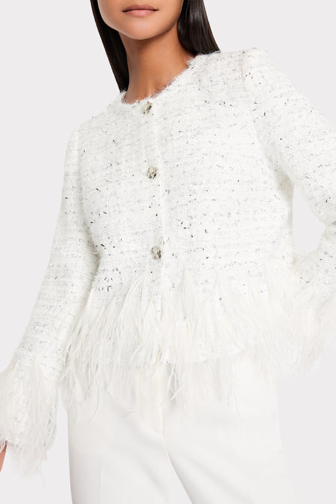 White Metallic Tweed Button Front Jacket - Close-up Detail | MILLY