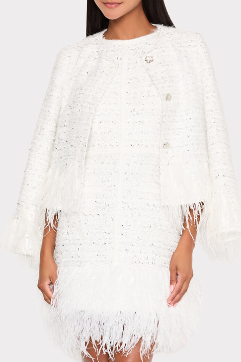 White metallic tweed jacket with feather dress - Styled Set | MILLY
