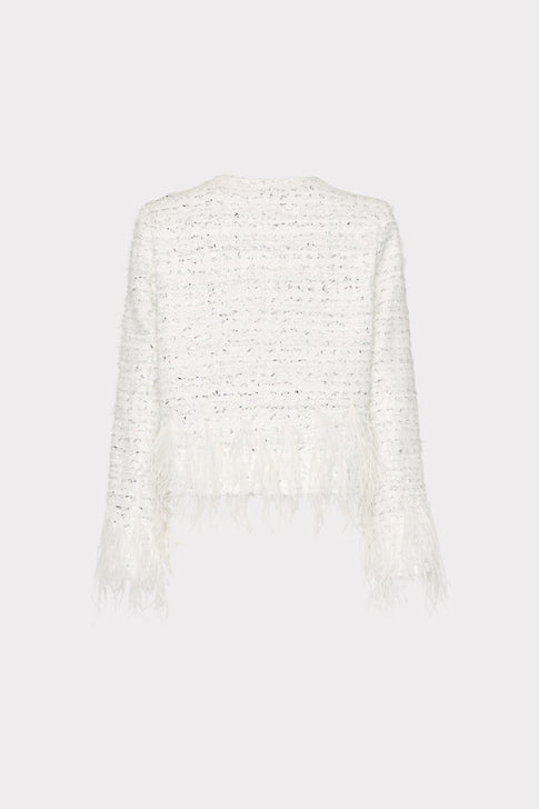 White Metallic Tweed Jacket with Feather Trim - Back View | MILLY