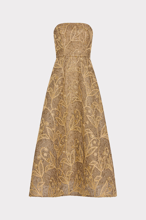 Gold Embroidered Lace Strapless A-Line Midi Gown - Flat Front View | MILLY