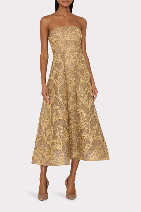 Gold Metallic Lace Embroidery Close-Up Detail on Luxury Evening Gown, Floral Motif | MILLY
