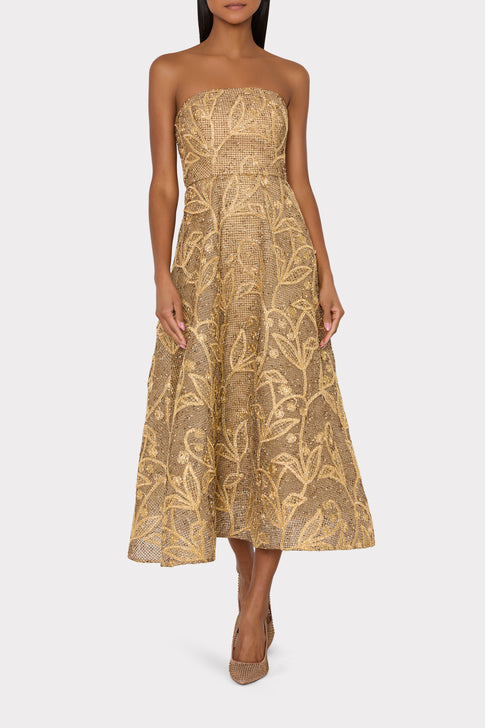 Gold Embroidered Lace Strapless Gown On Model, Full Length - Front View | MILLY