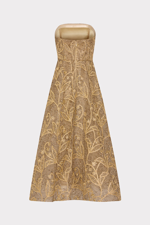Gold Embroidered Lace Strapless A-Line Midi Gown - Flat Back View, Elegant Evening Gown | MILLY