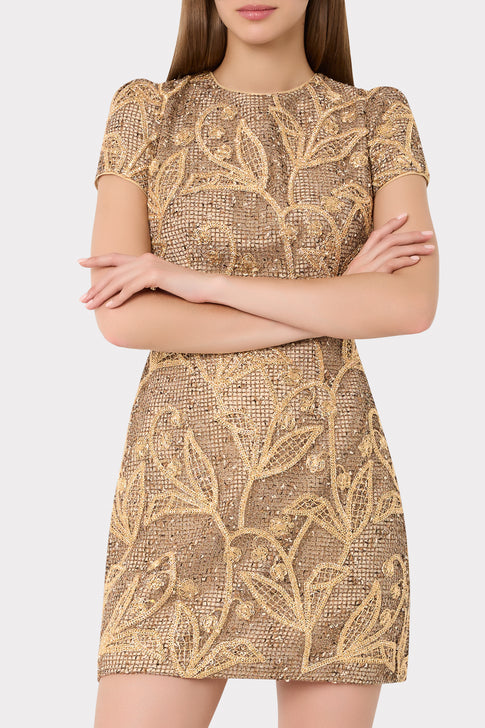 Gold Multi Daisy Embroidered Lace Mini Dress - On Model Close-Up, designer daisy embroidery detail | MILLY