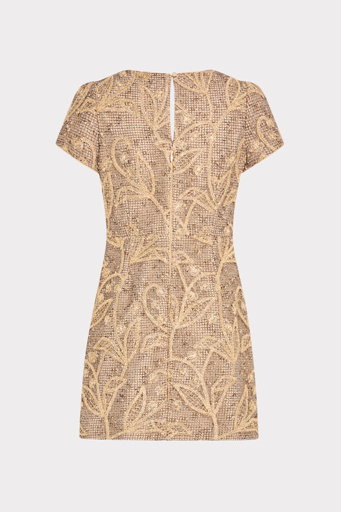Gold Multi Embroidered Lace Mini Dress - Back Flat View, center zip closure and floral lace | MILLY