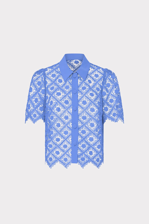 Blue Tile Lace Embroidered Short Sleeve Top - Flat Lay | MILLY