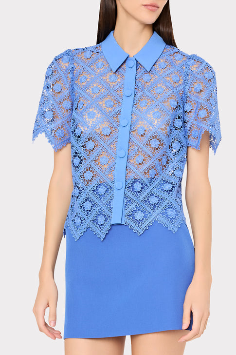 Blue Embroidered Tile Lace Blouse - Close-Up Detail On Model | MILLY