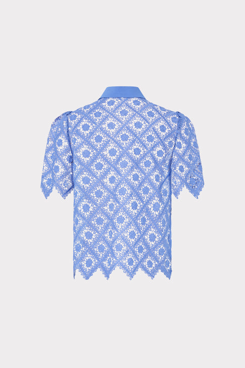 Blue Tile Lace Button-Up Blouse - Back View Flat Lay | MILLY