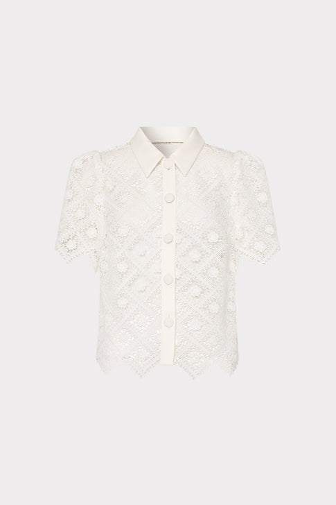 Ecru Embroidered Tile Lace Blouse - Front View | MILLY