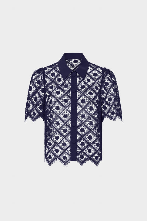 Navy Addison Tile Lace Top with Geometric Pattern - Flat Lay | MILLY