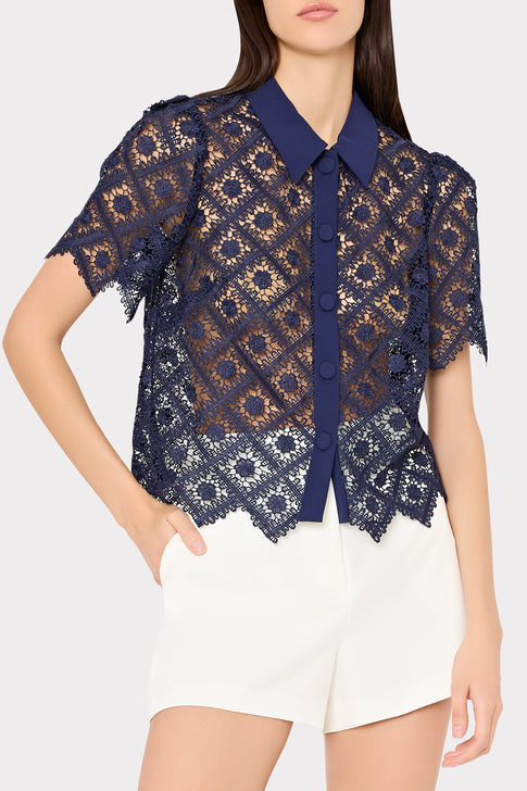 Navy Designer Lace Top with Scalloped Hem - Three Quarter View On Model | MILLY