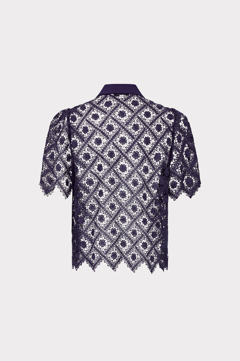 Navy Tile Lace Blouse with Button Front - Back View Flat Lay | MILLY