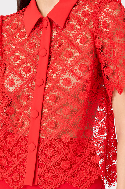 Red Tile Lace Button-Up Top - Close-Up Detail | MILLY