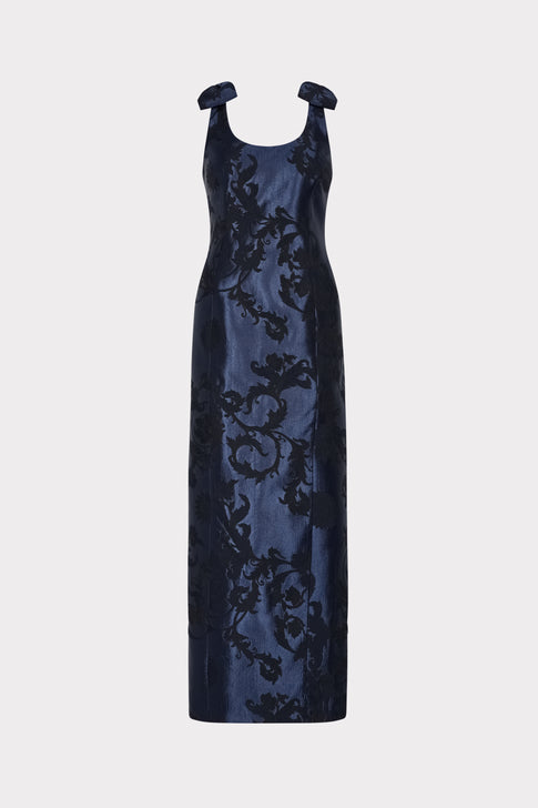 Navy Floral Jacquard Column Gown with Bow Shoulder Details - Front View | MILLY