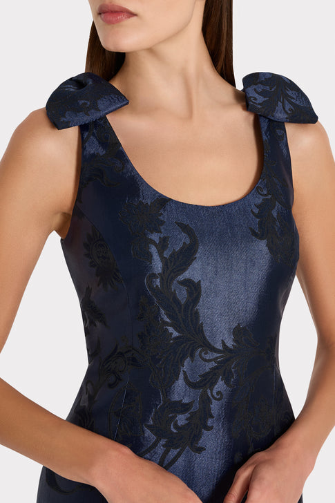 Navy Jacquard Evening Dress - Bodice and Floral Pattern Detail | MILLY