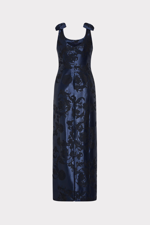 Navy Designer Column Gown with Elegant Floral Jacquard - Back View | MILLY