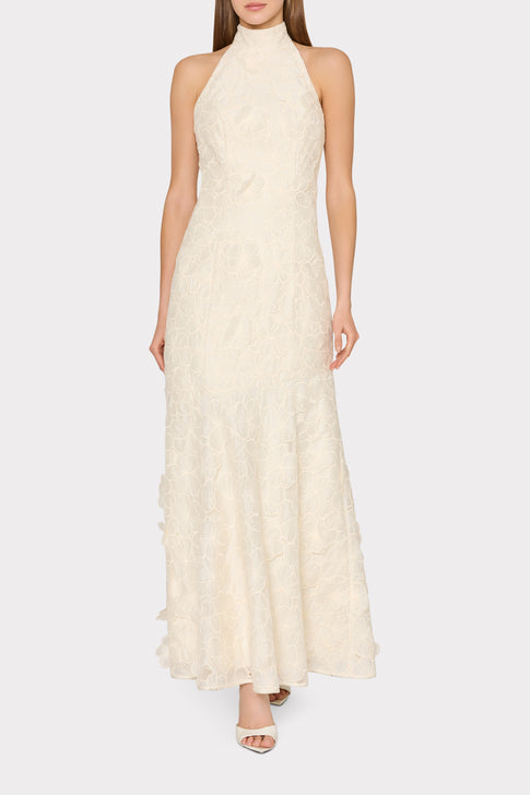 Elegant Ecru Embroidered Halter Maxi Dress - On Model Front View | MILLY