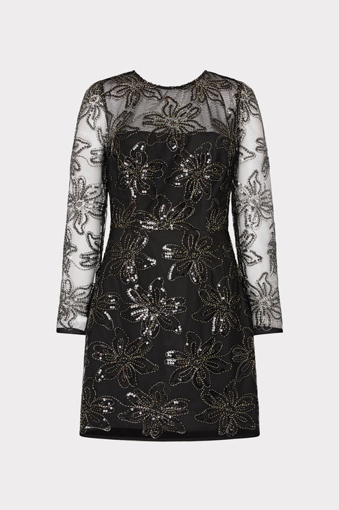 Adele Embroidered Mesh Long Sleeve Dress Black Image 1 of 4