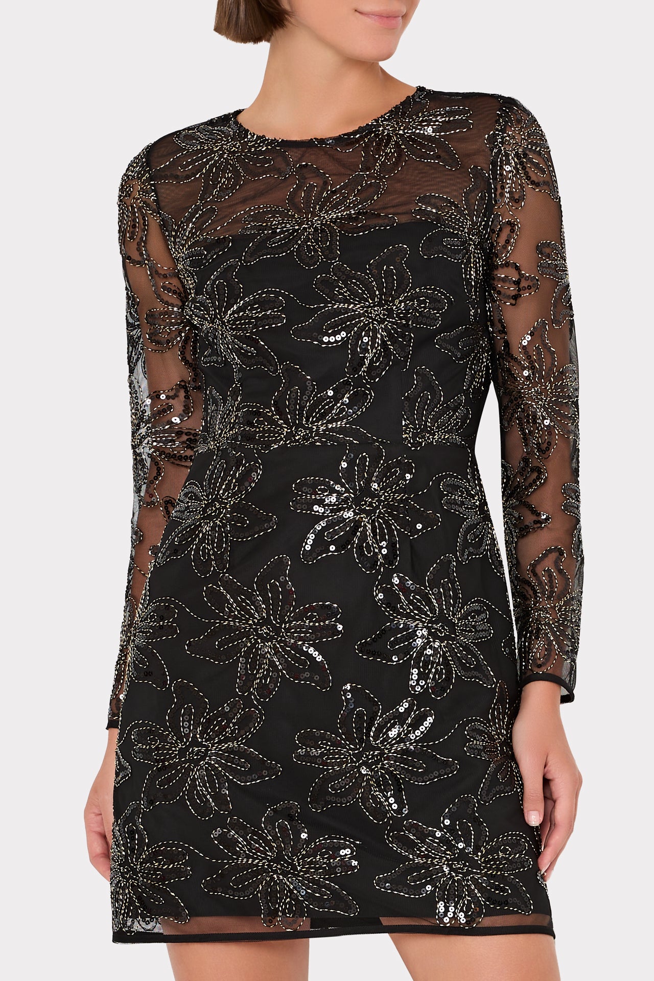 Adele Embroidered Mesh Long Sleeve Dress in Black | MILLY Adele Embroidered Mesh Long Sleeve Dress in Black | MILLY