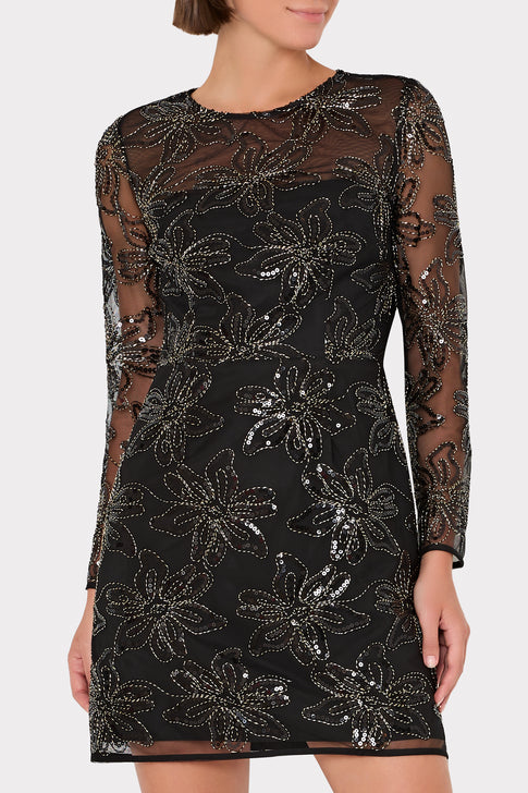Adele Embroidered Mesh Long Sleeve Dress Black Image 3 of 4