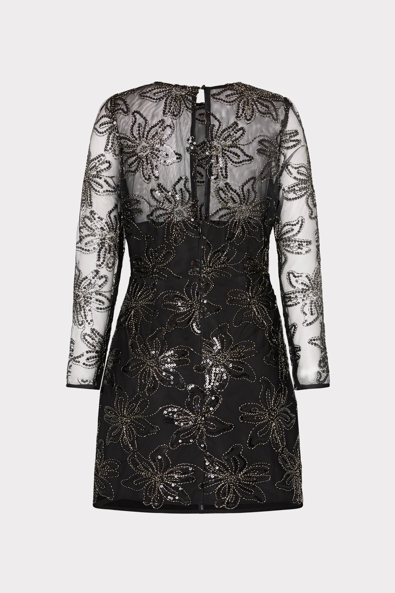 knee length dresses for ladies Mac Duggal #20756 Long Sleeve Sheer Floral Embroidered Velvet Gown - Black