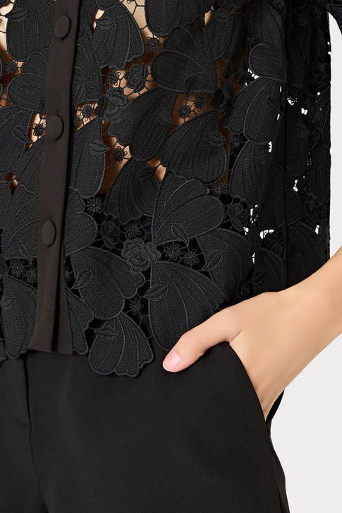 Black Floral Embroidered Lace Texture - Fabric Detail Close-up | MILLY
