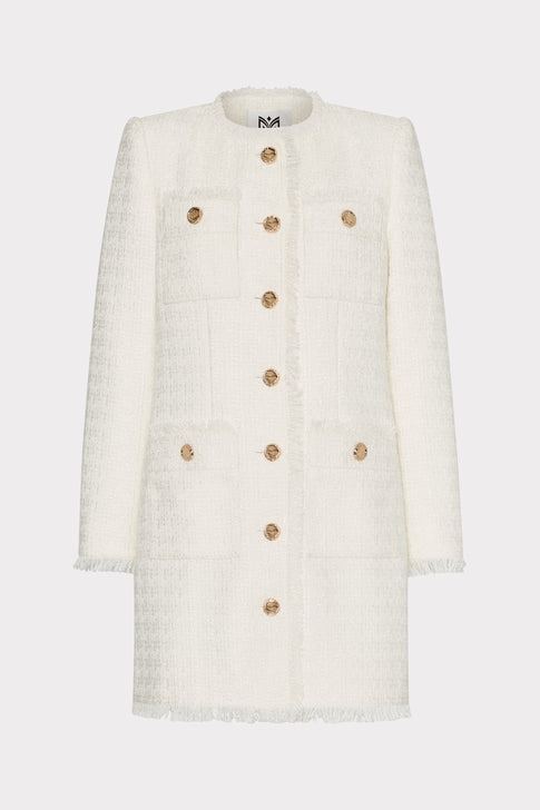 Ecru Boucle Long Jacket with Gold Buttons - Front View | MILLY