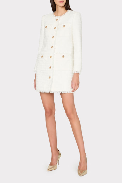 Ecru Boucle Long Jacket Worn as Mini Dress - Front View | MILLY