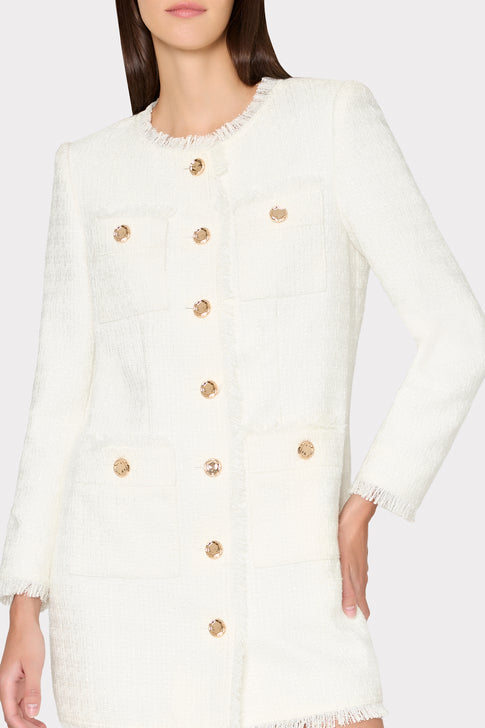 Ecru Boucle Long Jacket - Gold Button Detail | MILLY