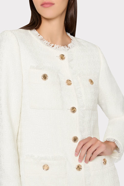 Ecru Boucle Long Jacket - Fringe Trim Detail | MILLY