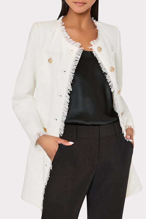 Ecru Boucle Long Jacket - Fringe Detail Close-Up | MILLY